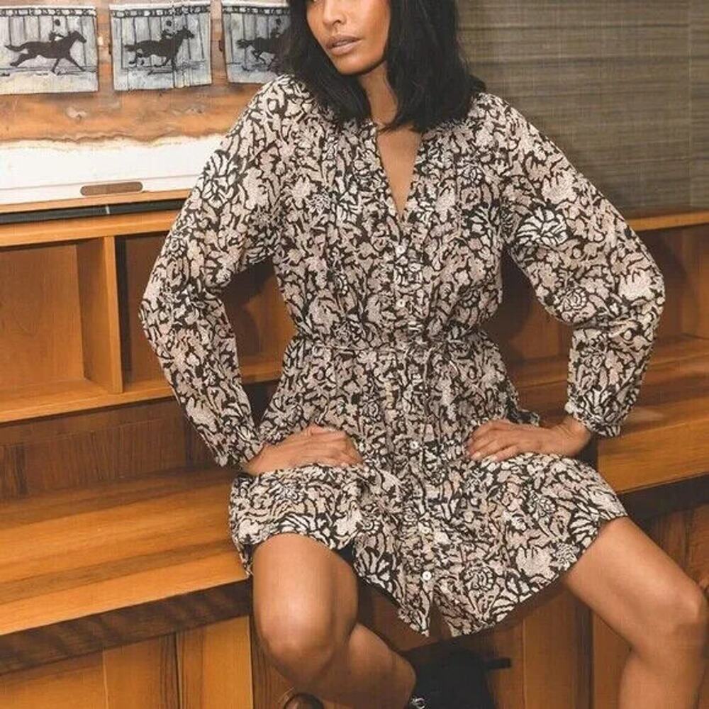 NWT Cleobella Mylah Mini Dress Brown Black Long Sleeve Cotton Tassel But… - Picture 2 of 7